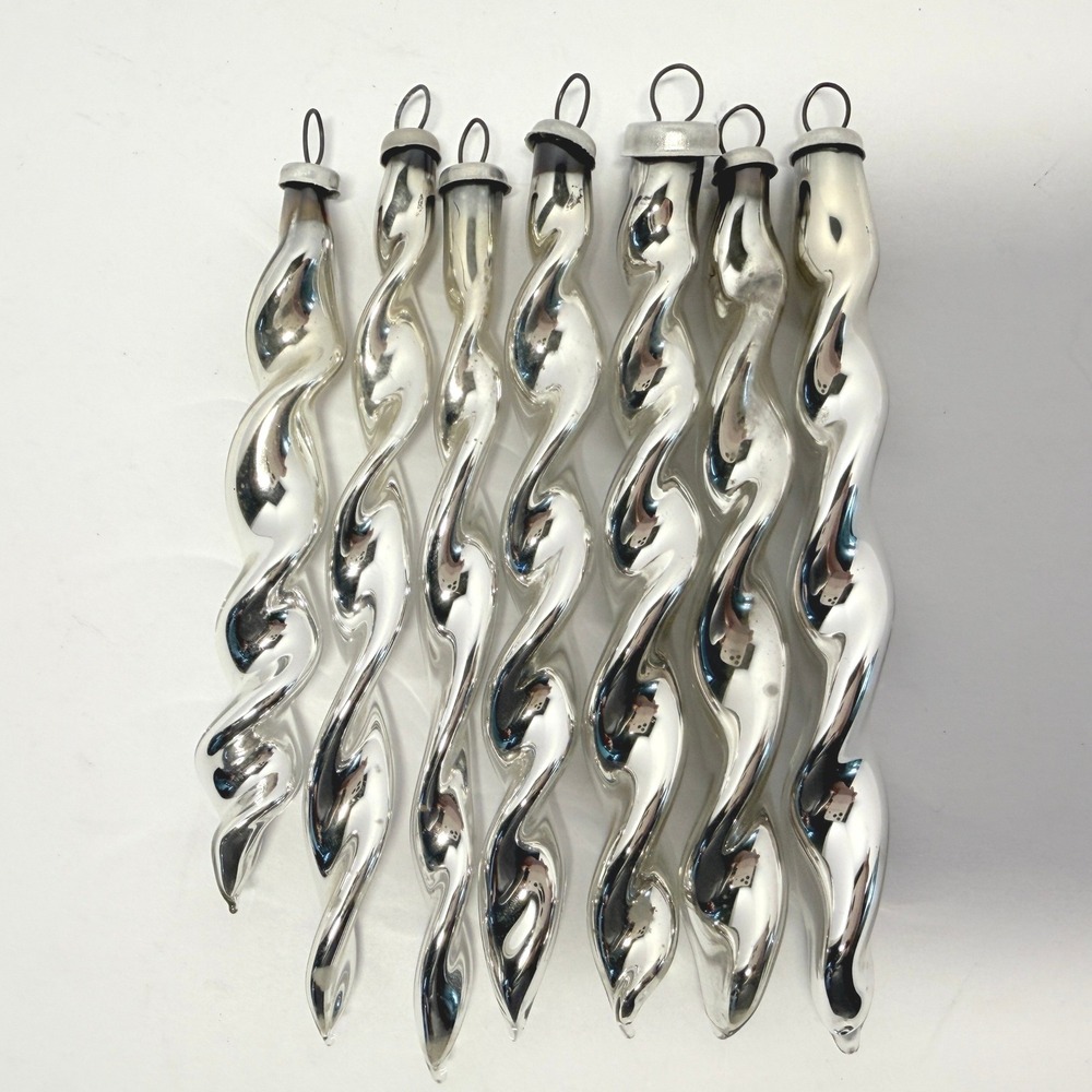 Vintage CALI COL Glass Icicle Ornaments Twisted Spiral Silver 4in 7pcs LOT 2